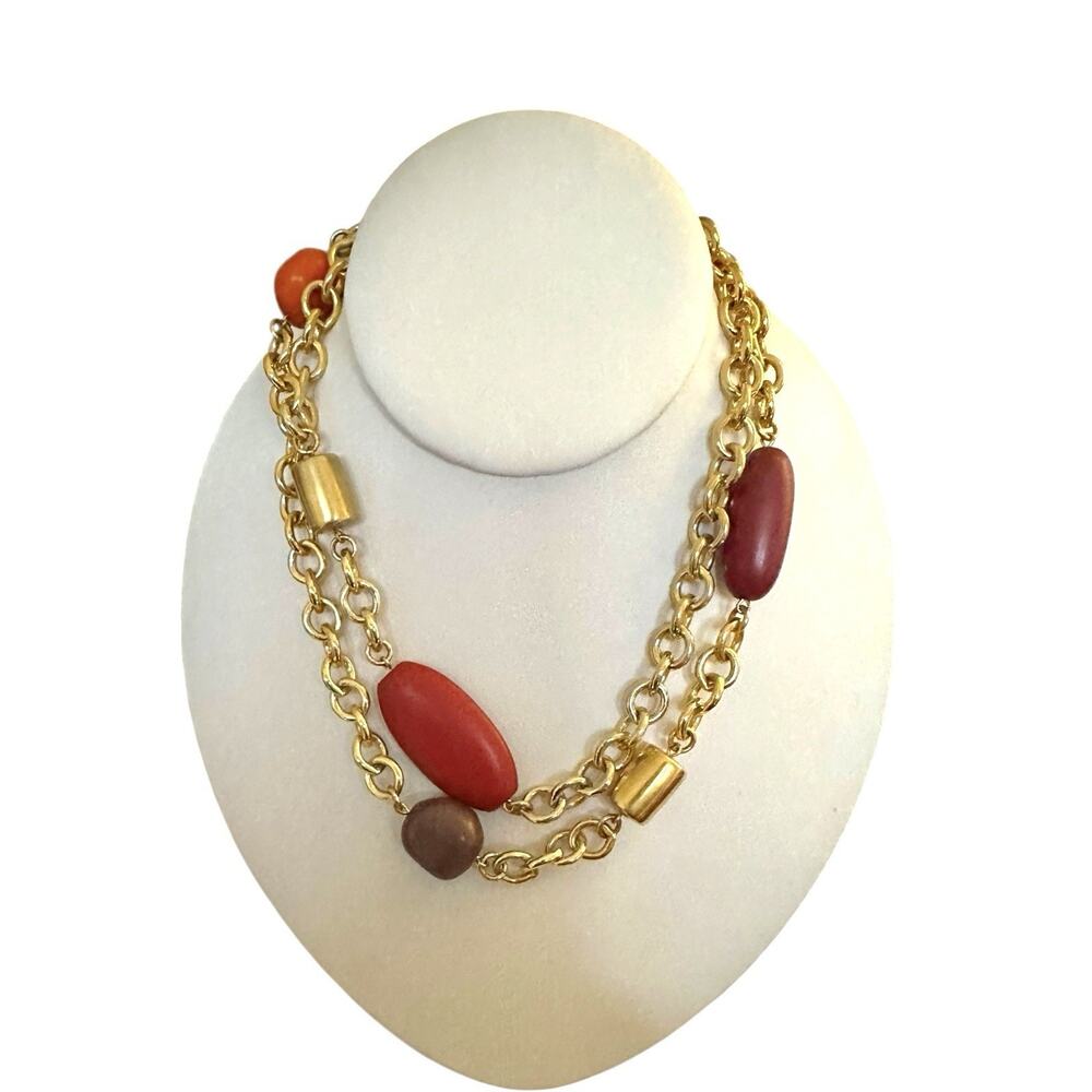 Vintage Multicolor Resin Gold Tone Station‎ Necklace Statement 32” Long EUC